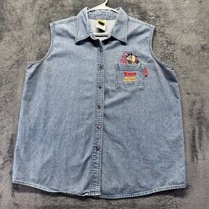 Vintage Looney Tunes Denim Vest Jacket Womens 2XL 18/20w Embroidered Tazmanian